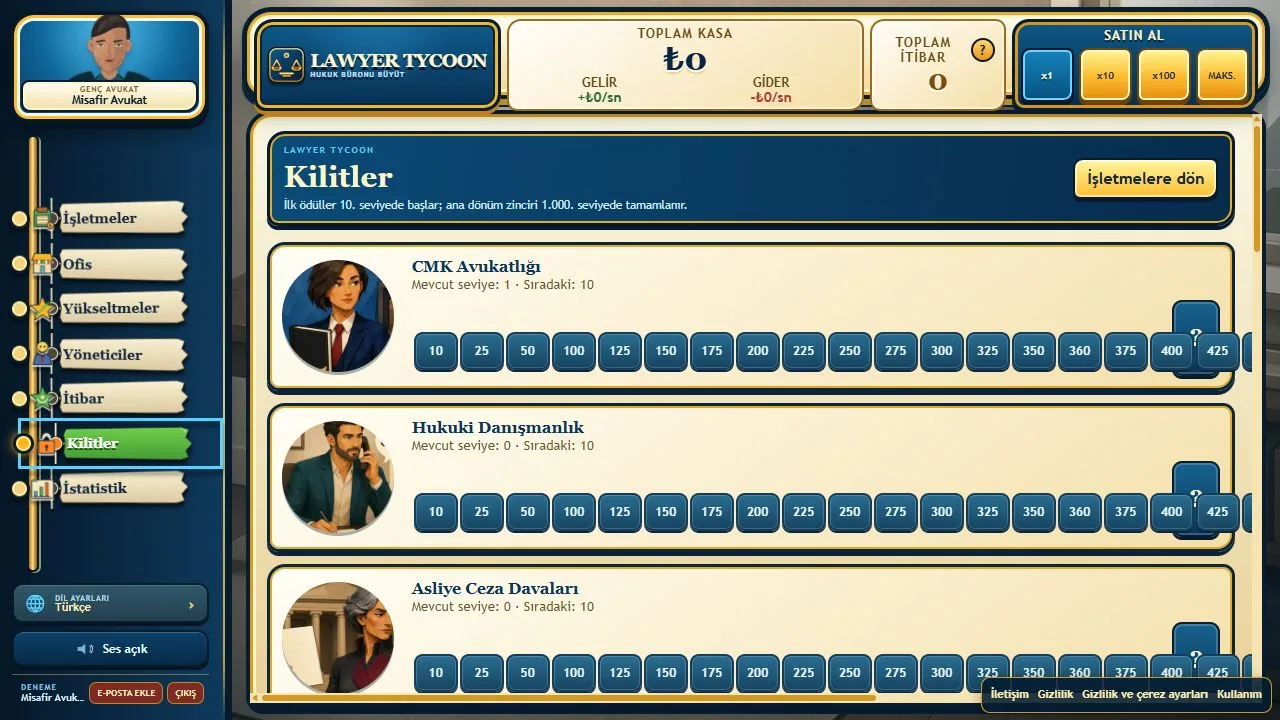 Lawyer Tycoon kariyer kilitleri ve seviye eşikleri
