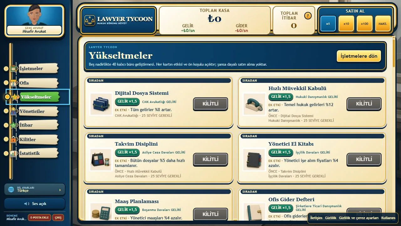 Kalıcı yükseltmeler ekranı